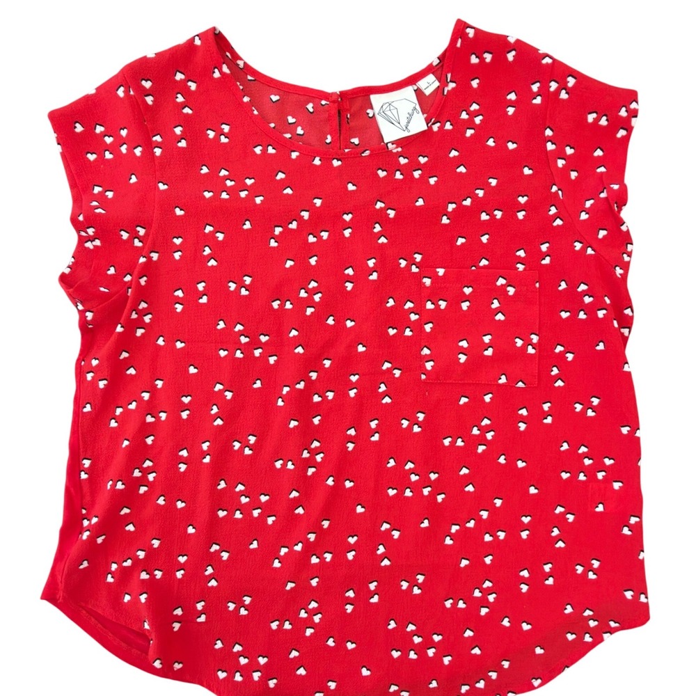 Janet Chung Red Heart Print Short Sleeve Mixed Media Blouse Top Large B4913-X168